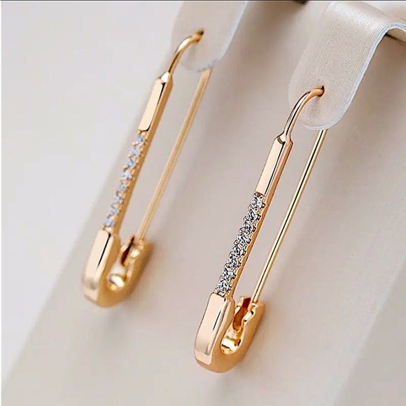 Gold Plated Zircon Safety Pin Earrings, Minimalist, Punk, Gift For Teenager - Picture 9 of 9
